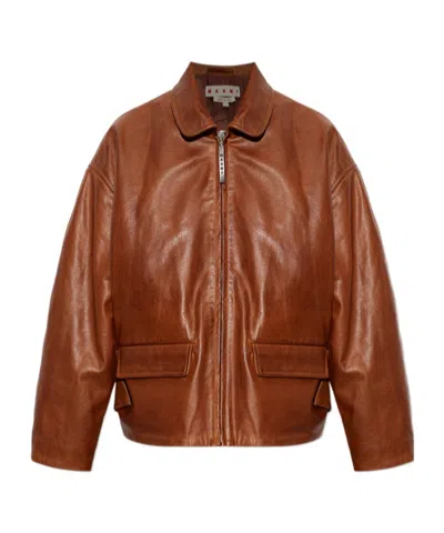 Marni Leather Jacket With A Zipper In Brown