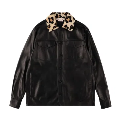 Pre-owned Marni Leather Shirt With Shearling Collar 'black' | Men's Size 54