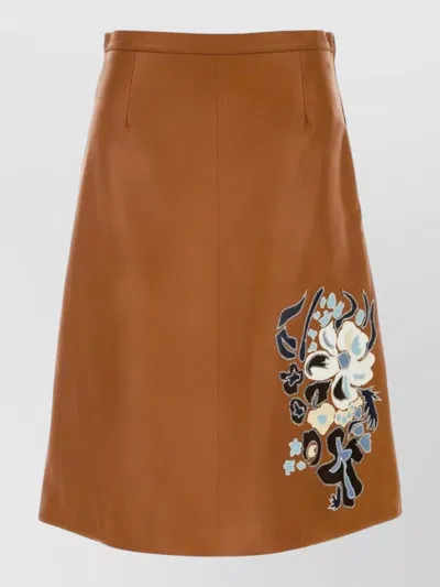 Marni Leather Skirt Floral Embroidery Side Pockets In Brown