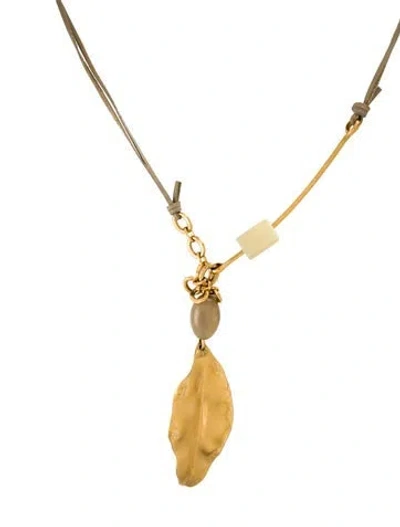 Pre-owned Marni Leather,resin & Horn Leaf Adjustable Pendant Necklace, 41" In Multi