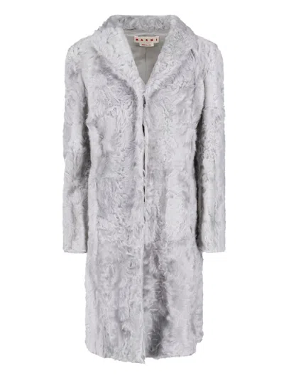 Marni Light Blue Classic Lapel Textured Shearling Coat In Gray