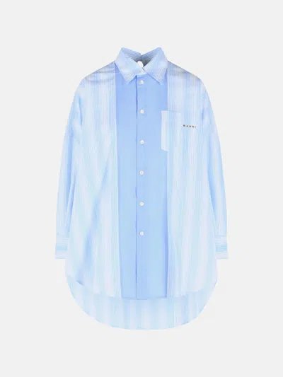 Marni Cotton Poplin Longline Striped Shirt Pocket In Blue