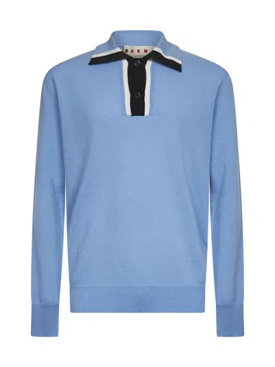 Marni Light Blue Virgin Wool Knit Polo Shirt