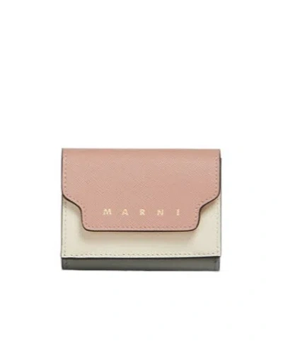 Marni Light Pink, White, And Grey Saffiano Leather Tri-fold Wallet