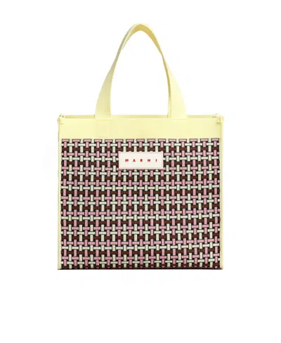 Marni Light Yellow Brown And Pink Jacquard Shopping Bag In White