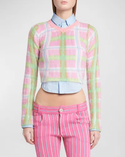 MARNI LIGHTWEIGHT PLAID MOHAIR CROPPED KNIT SWEATER