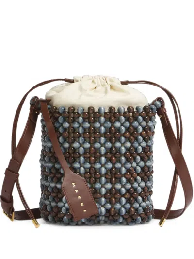 Marni Leather-trimmed Beaded Wood And Canvas Tote In Brown
