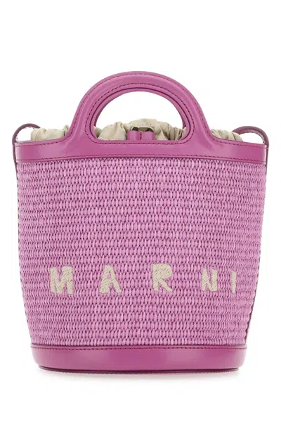 Marni Lilac Leather And Raffia Tropicalia Bucket Bag In Lightlila