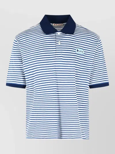 Marni Linen Blend Polo Shirt Striped Collar In Blue
