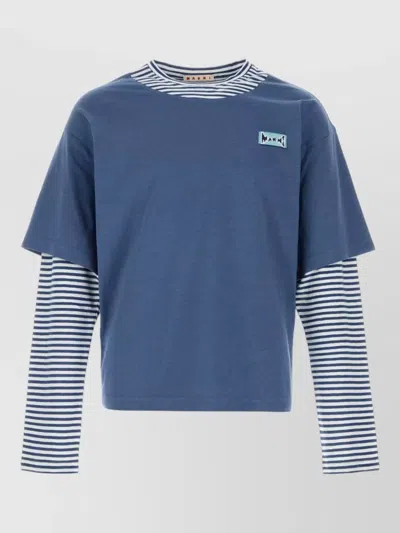 Marni Linen Blend T Shirt Crew Neck Layered In Blue