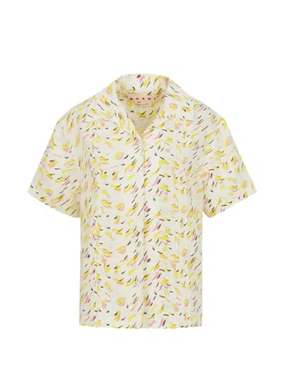Marni Pintucked Printed Linen Shirt In Yellow