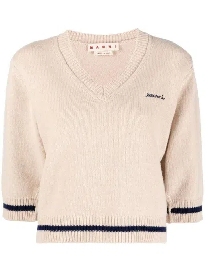 Marni Logo-embroidered V-neck Jumper In Neutrals