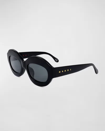 Marni Logo Acetate Oval Sunglasses In Black