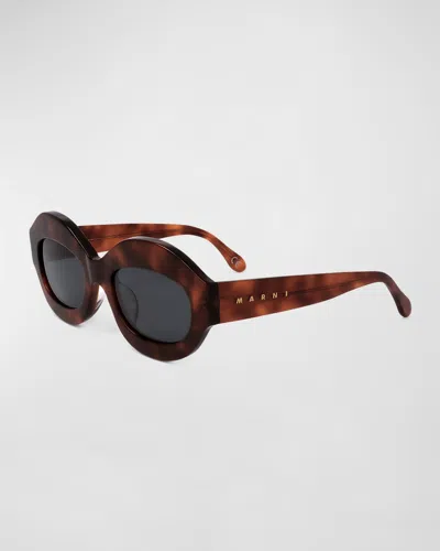 Marni Logo Acetate Oval Sunglasses In Brown