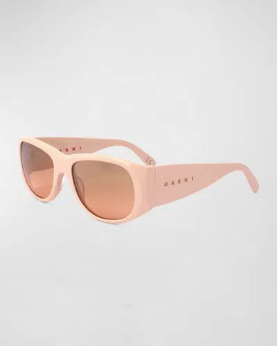 Marni Logo Acetate Wrap Sunglasses In Nude