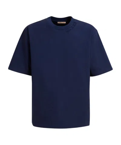 Marni Deep Blue Organic Cotton Oversized T-shirt With  Patches In Black