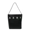 Marni Black White Leather Museo Hobo Bag With Patches In Black