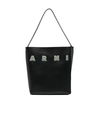 Marni Black White Leather Museo Hobo Bag With Patches