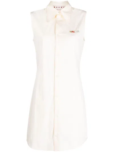 Marni Logo Poplin Sleeveless Shirt Dress In Beige