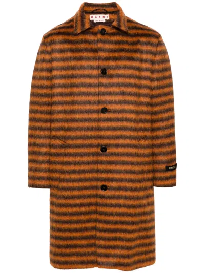 Marni Logo-appliqué Striped Single-breasted Coat In Orange