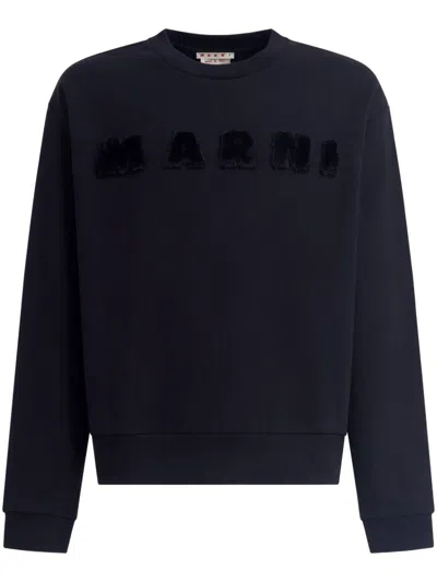 Marni Navy Blue Embroidered Logo Sweatshirt In Black