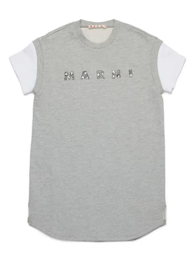 Marni Kids' Abito In Felpa Con Logo In Rhinestones In Grey