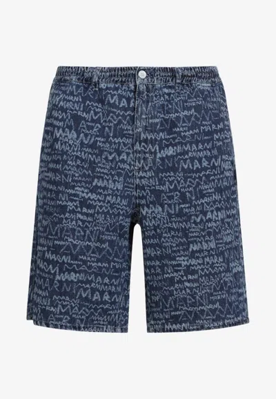 Marni Logo Denim Shorts In Blue