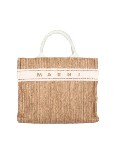 Marni Logo Detailed Small Tote Bag In Beige