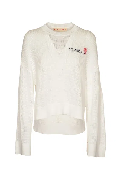 Marni Logo Embroidered Asymmetric Sweatshirt In Lily White