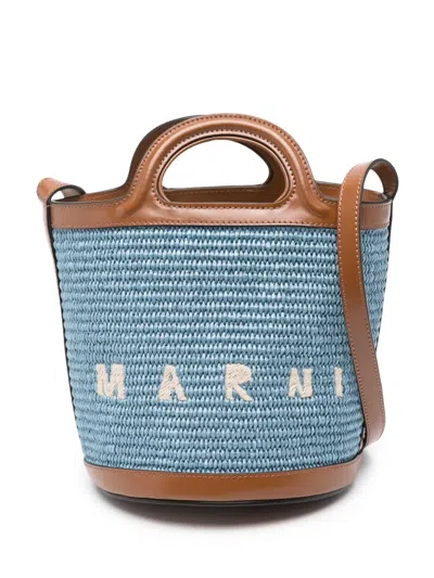 Marni Logo Embroidered Bucket Bag In Blue