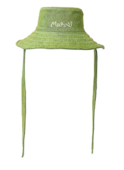Marni Logo Embroidered Bucket Hat In Green