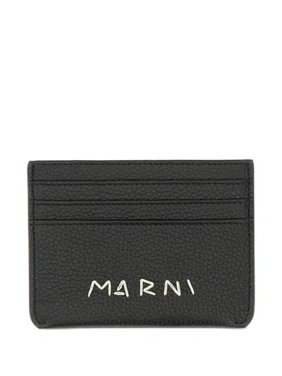 Marni Logo-embroidered Calf Leather Cardholder In Black
