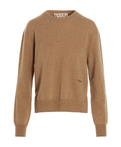 Marni Logo-embroidered Cashmere Jumper In Brown