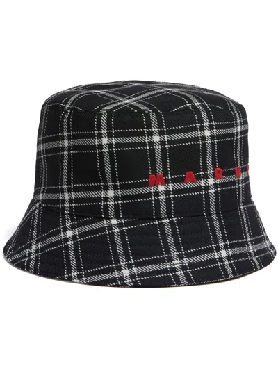 MARNI LOGO-EMBROIDERED CHECKED BUCKET HAT
