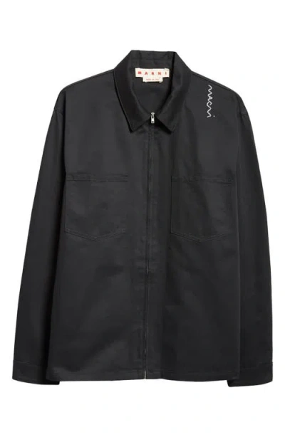 Marni Logo Embroidered Cotton Gabardine Shirt Jacket In Black