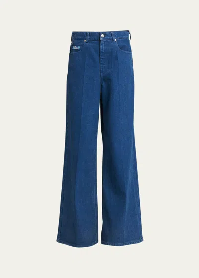 Marni Logo-embroidered Five-pocket Wide-leg Denim Jeans In Ocean