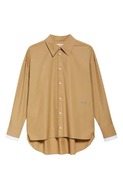 Marni Logo Embroidered High-low Button-up Shirt In Tan