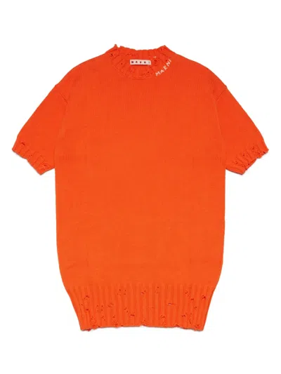 Marni Kids' Logo-embroidered Knit Dress In Orange