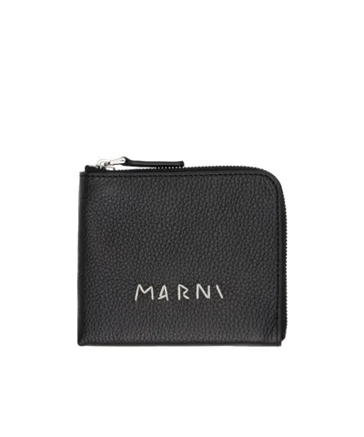Marni Logo-embroidered Leather Cardholder In Black