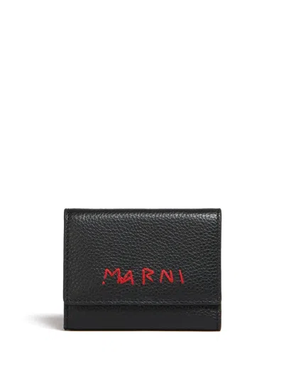 Marni Logo-embroidered Leather Key Holder In Black