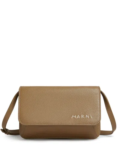 Marni Logo-embroidered Leather Shoulder Bag In Brown