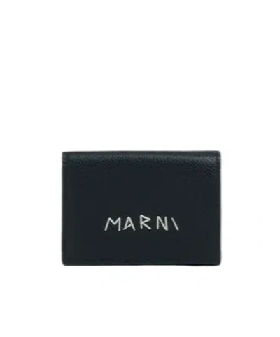 Marni Logo-embroidered Leather Wallet In Black