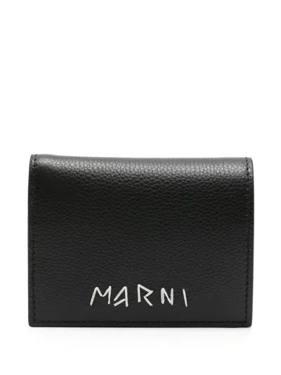 Marni Embroidered-logo Leather Wallet In Black