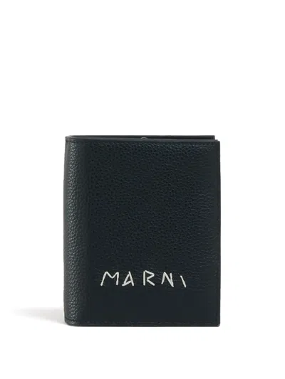 Marni Logo-embroidered Leather Wallet In Black