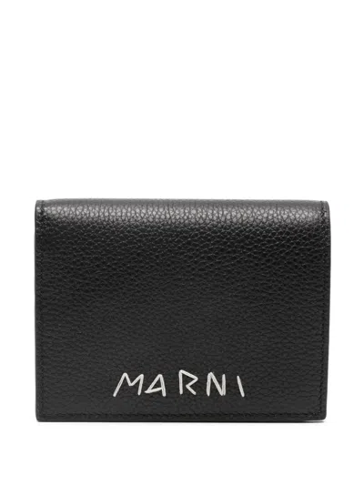 Marni Logo-embroidered Leather Wallet In Black
