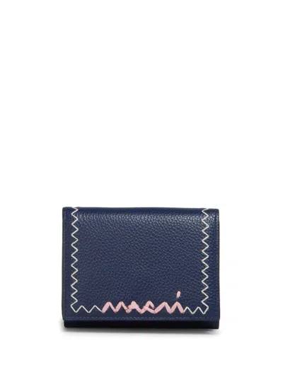 Marni Logo-embroidered Leather Wallet In Blue