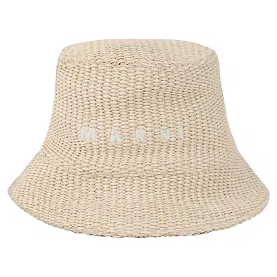Marni Logo Embroidered Neutral Raffia Bucket Hat In Orange