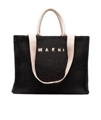 MARNI MARNI LOGO EMBROIDERED RAFFIA TOP HANDLE TOTE BAG
