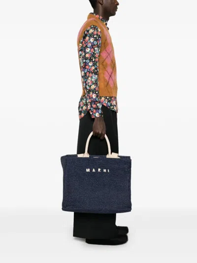 Marni Logo-embroidered Raffia Tote Bag In Blue