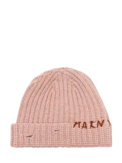 Marni Logo Embroidered Ribbed Beanie In Pink